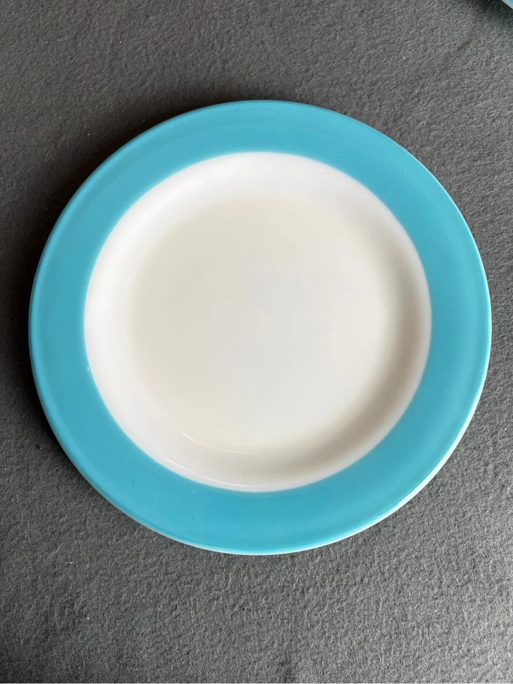 Vintage 50s Pyrex Aqua Turquoise Wide Band 10” Dinner Plates Set Of 2 Milk Glass